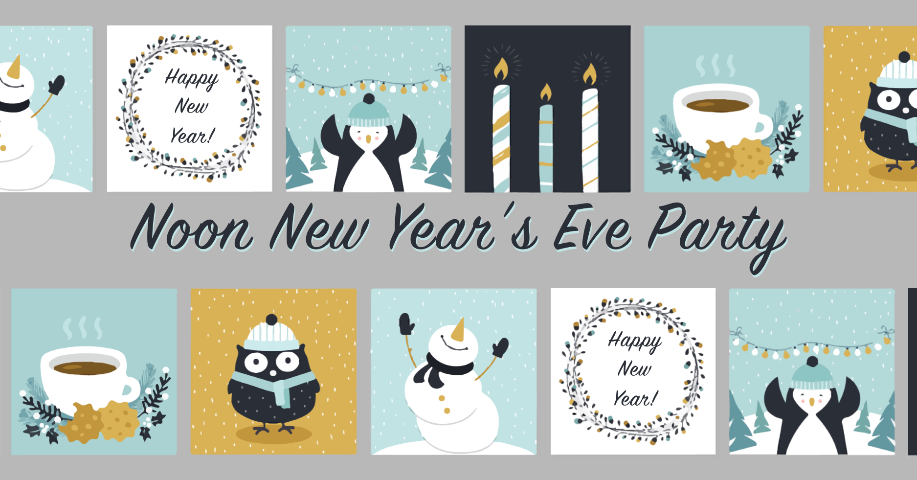 Illustrations of penguins, owls, and snowmen, with text that says "Noon new year's eve party"