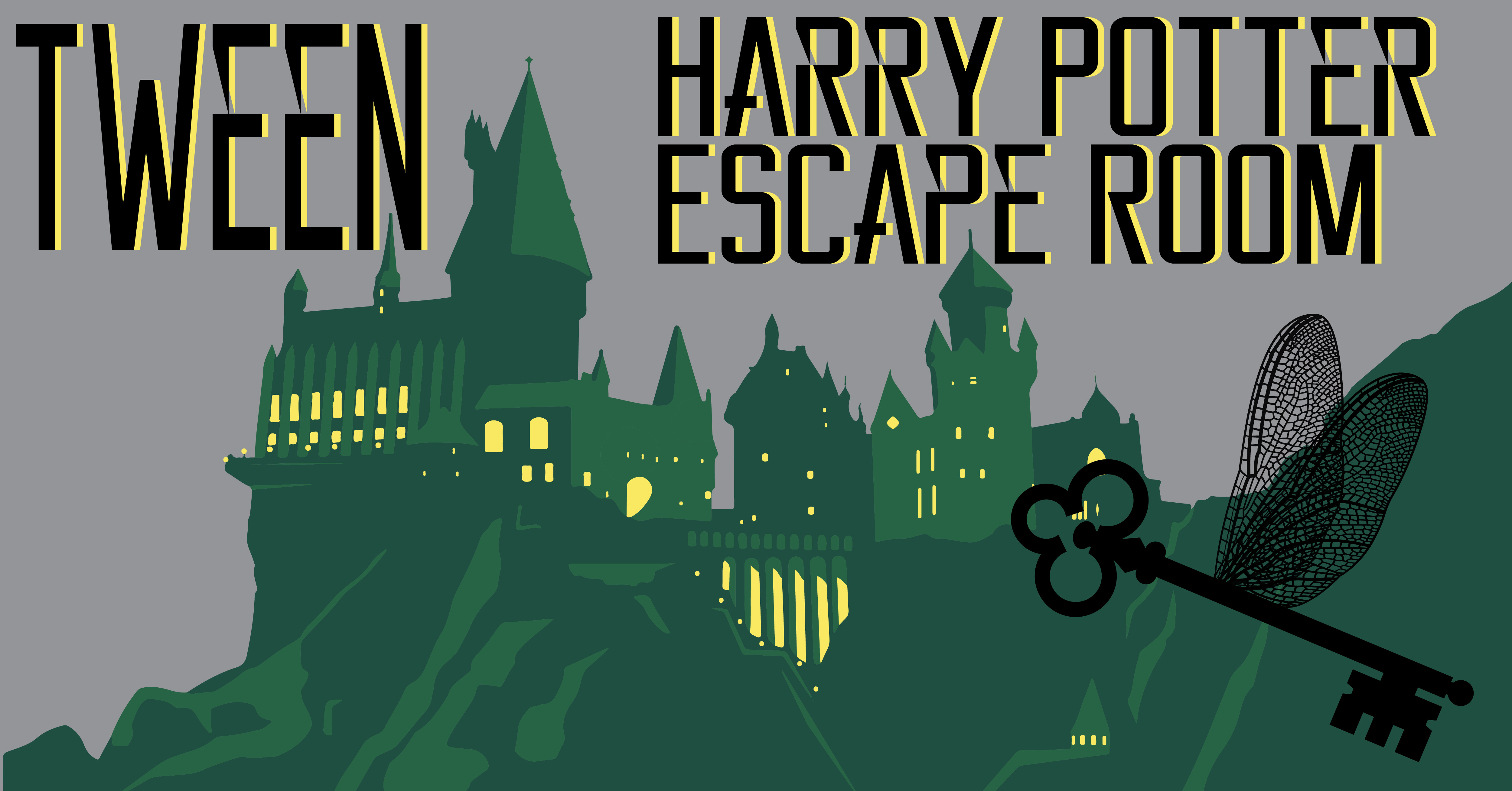 Illustration of Hogwarts and flying key, with text that says "Tween Harry Potter Escape Room"