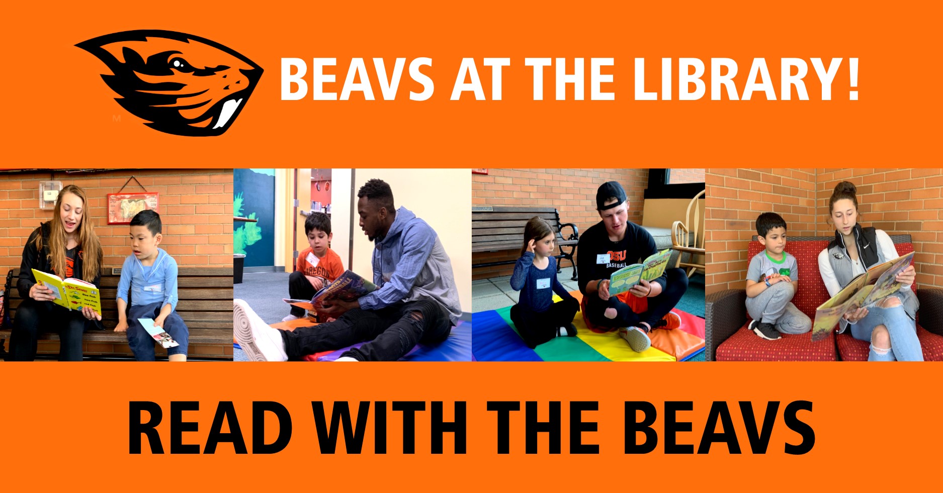 Beavs at the Library: Read with the Beavs with photos of athletes and children reading.