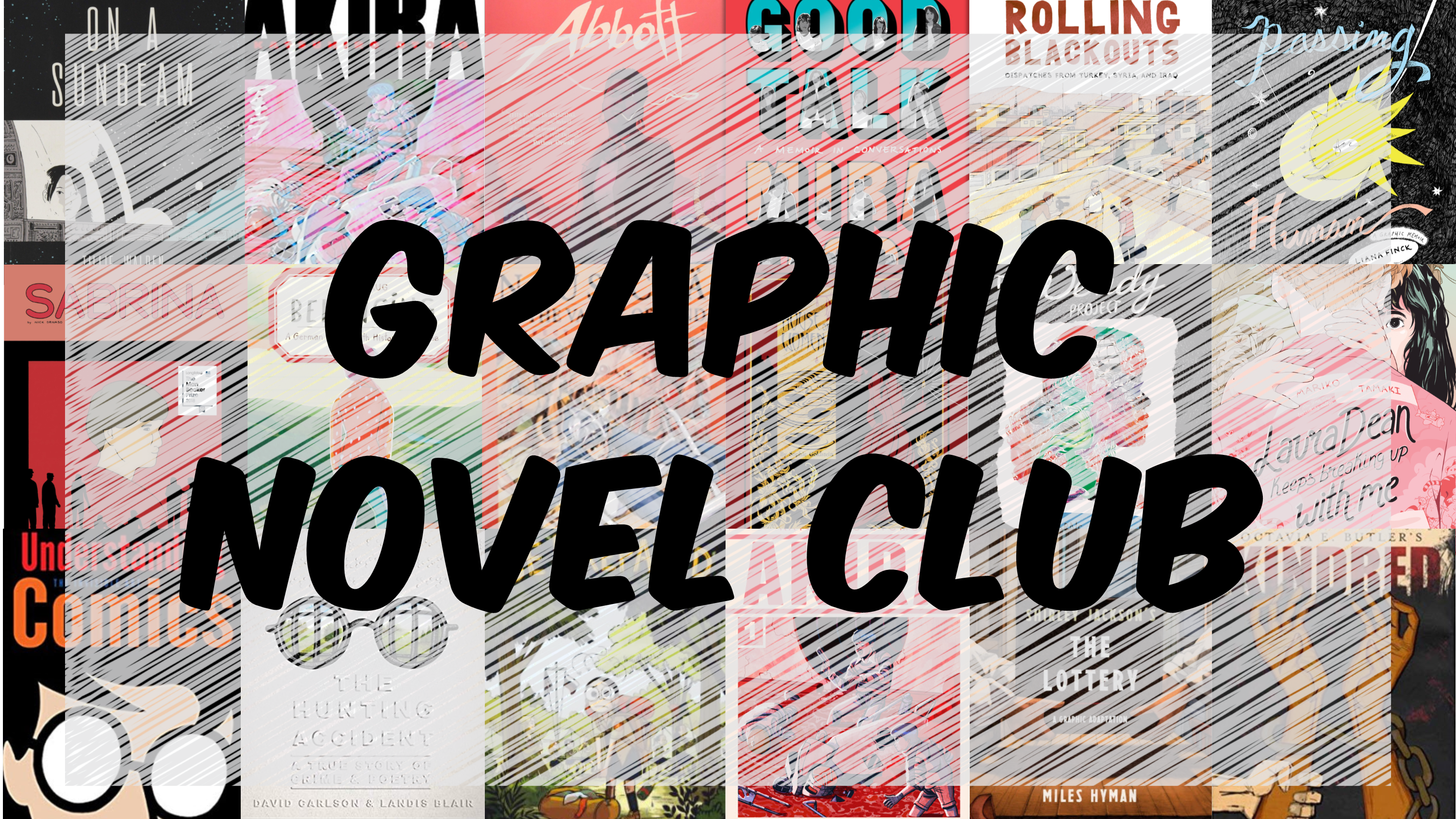 Graphic Novel Club with background of graphic novel covers