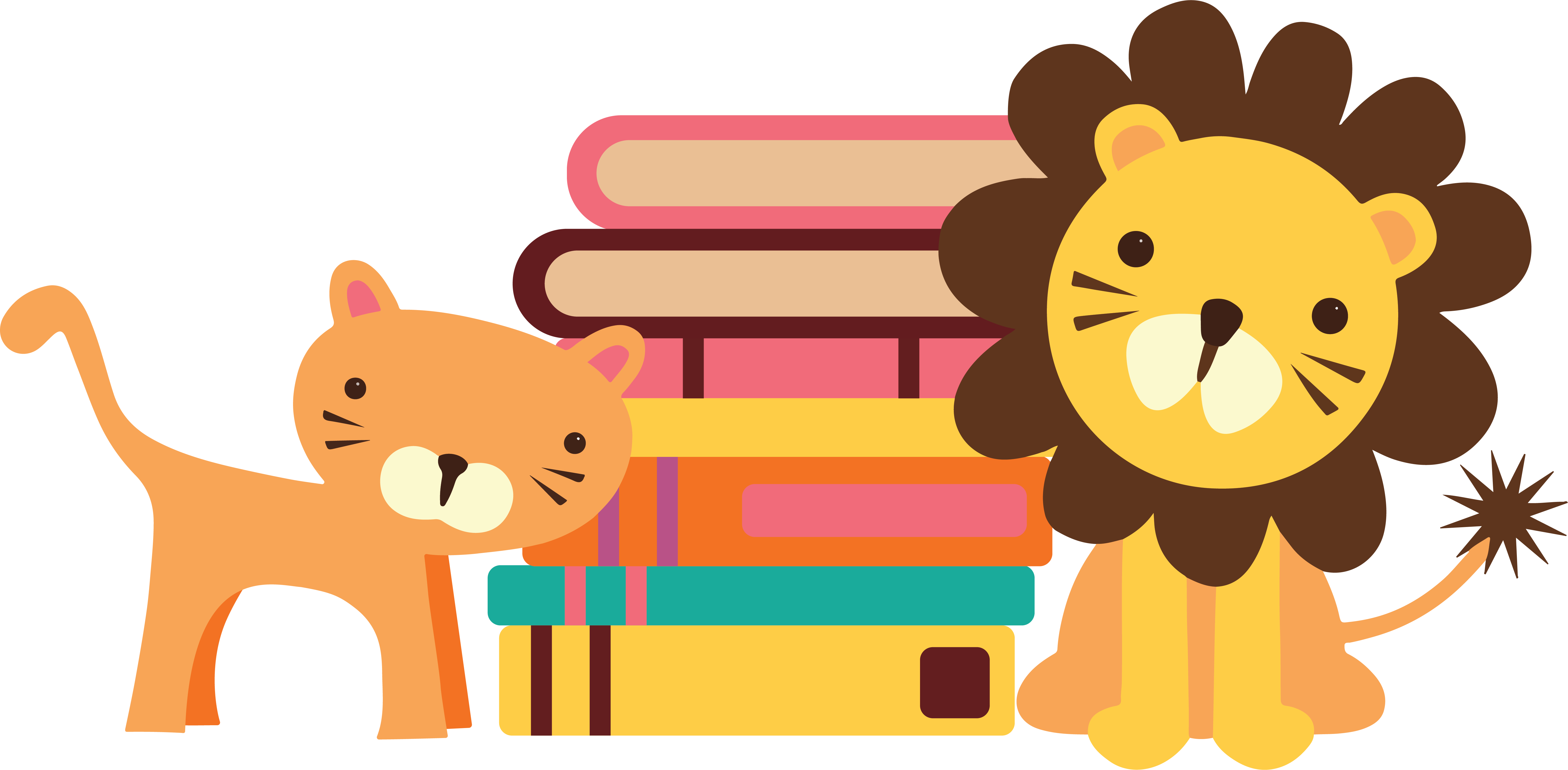 Toy tiger and lion next to stack of books
