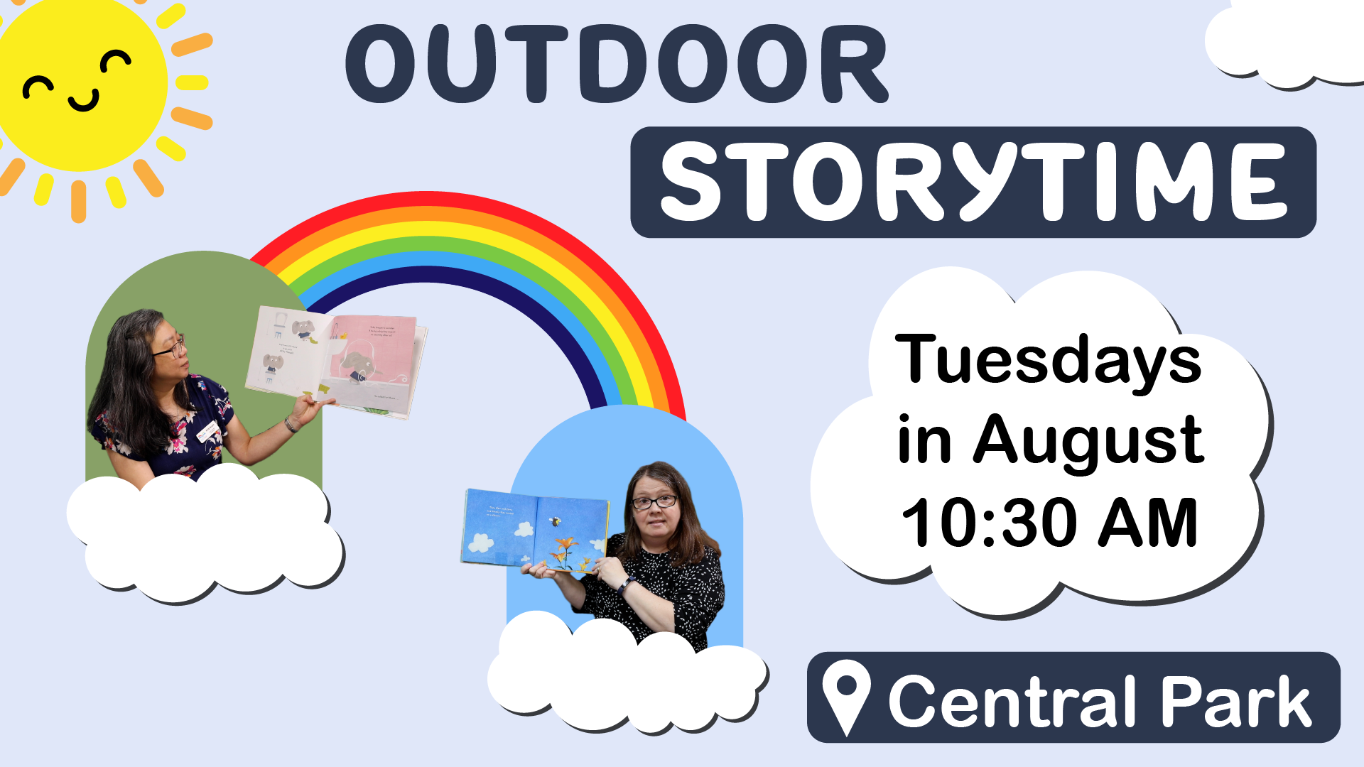 Outdoor storytime, Tuesdays in August at 10:30 AM, at Central Park