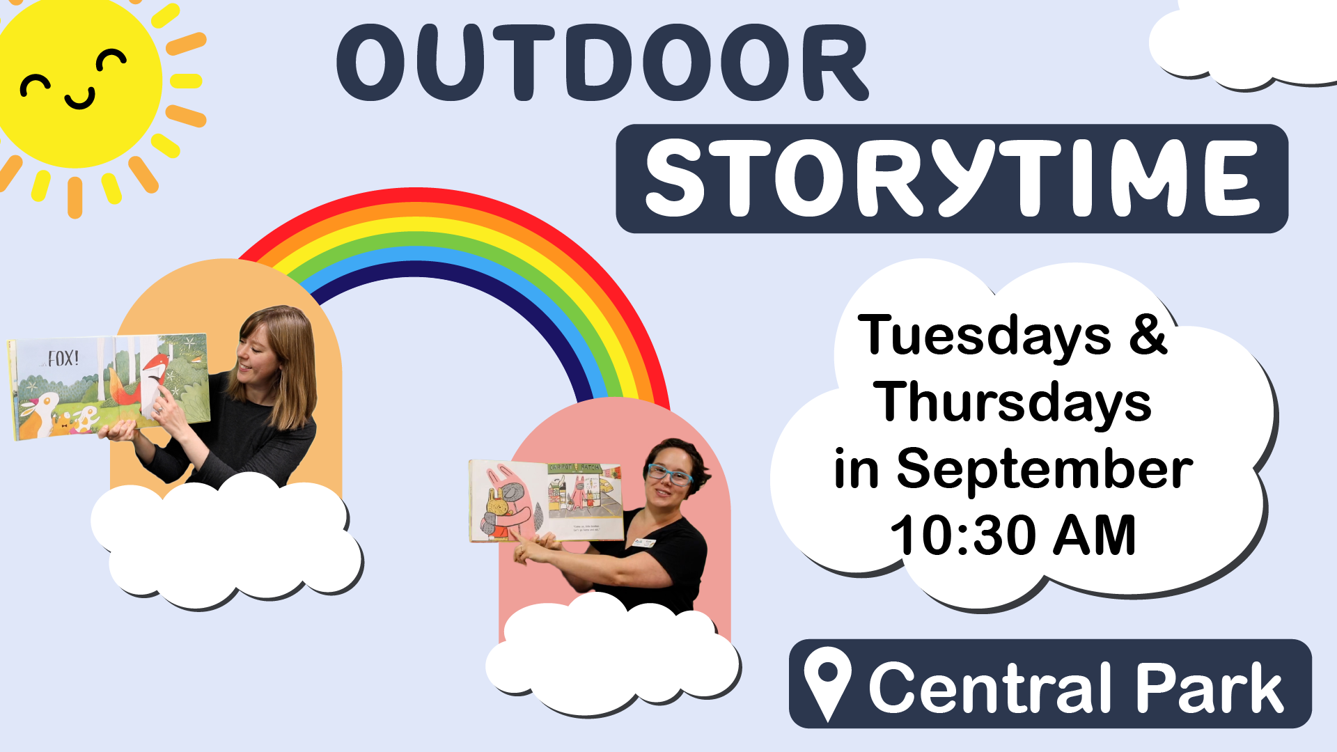 Outdoor storytime, Tuesdays & Thursdays in September at 10:30 AM, at Central Park