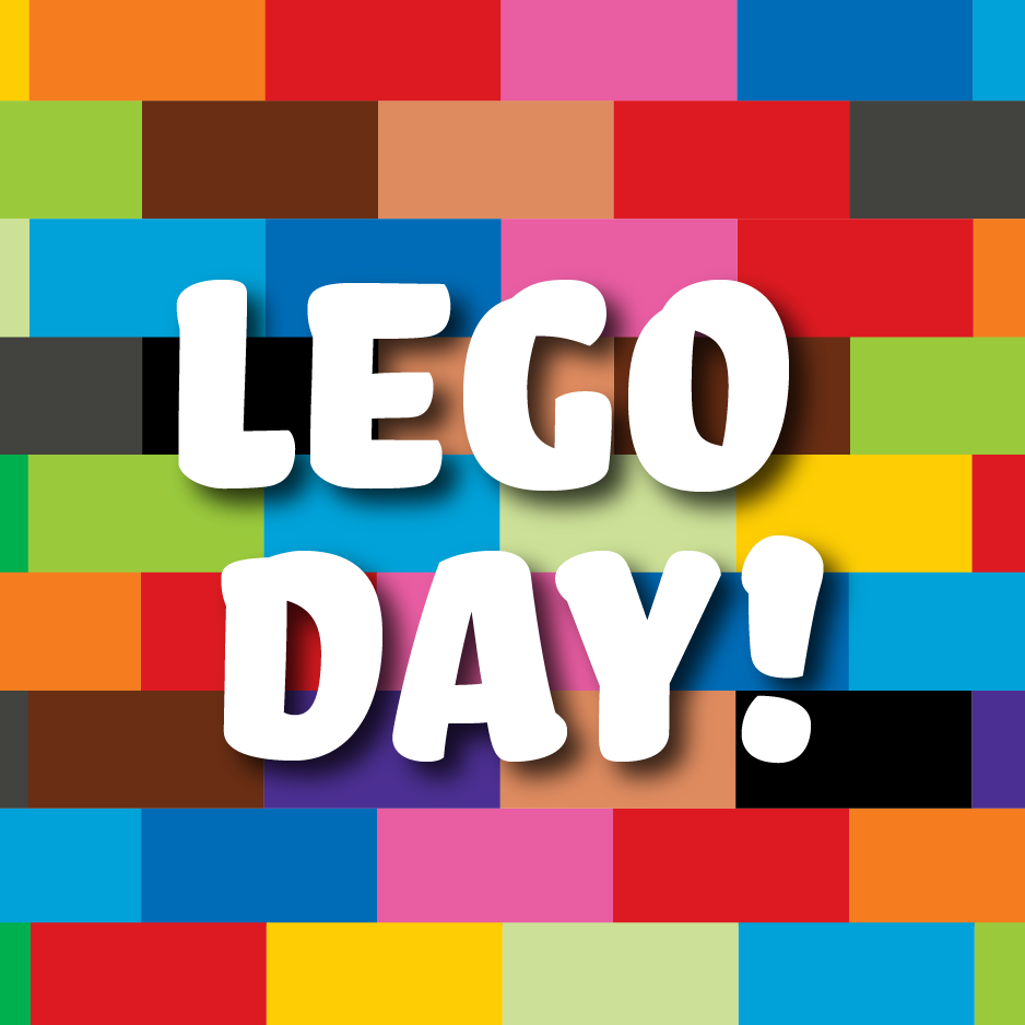 Lego Day with background of multicolored blocks