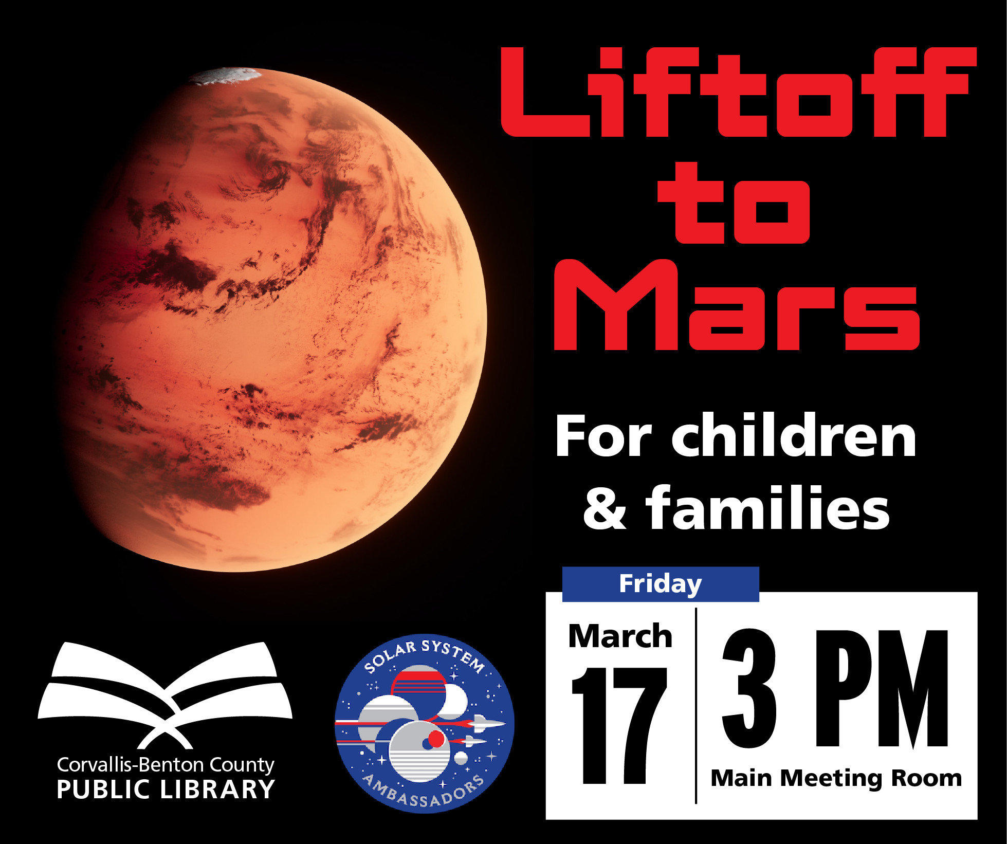 Liftoff to Mars, for children & families, March 17 at 3 PM