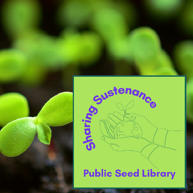 Photo of seedlings with Public Seed Library Logo