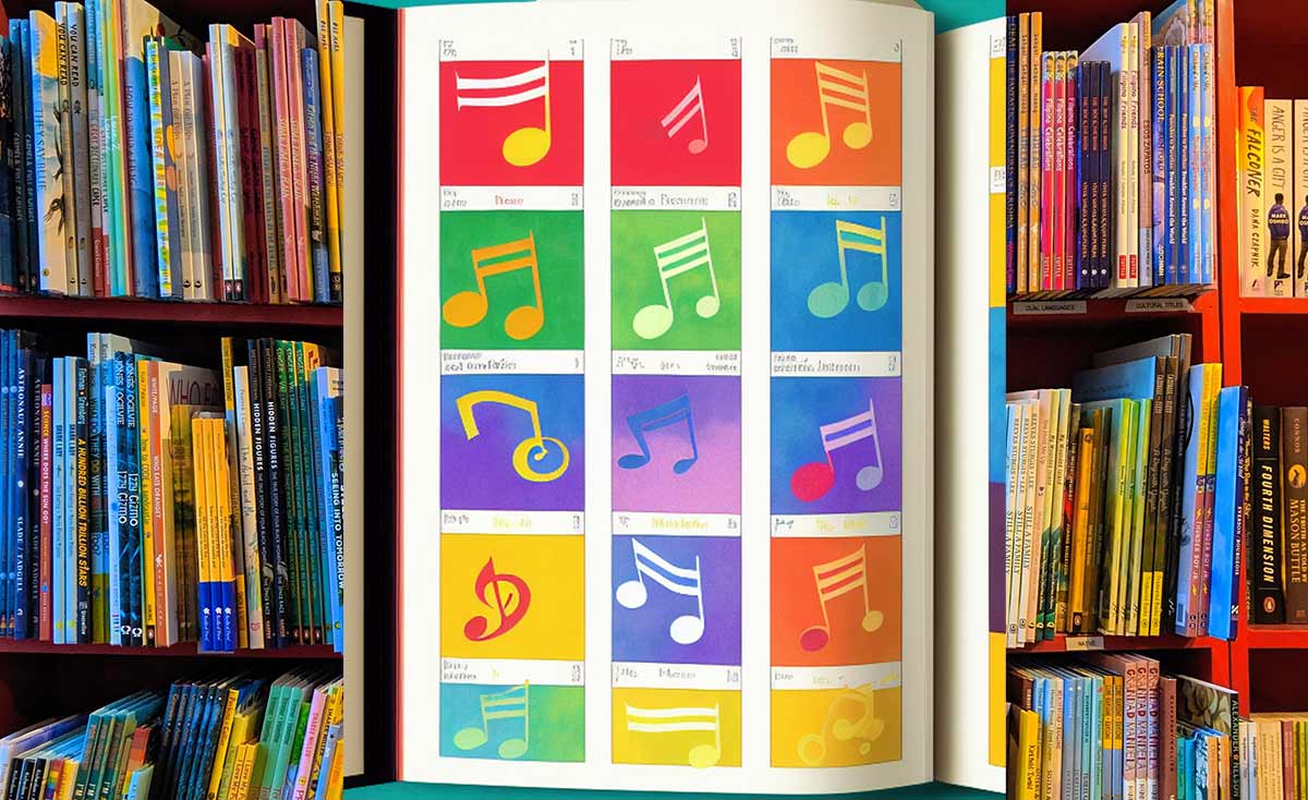 Shelves of picture books behind an image of a large open picture book with colorful musical notes