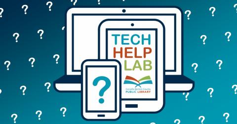 Illustration of laptop, tablet, and phone, with text that says "Tech Help Lab"