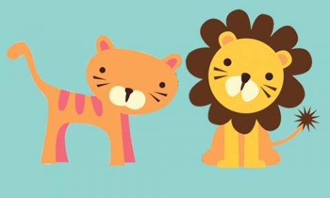 Toy tiger and lion on blue background