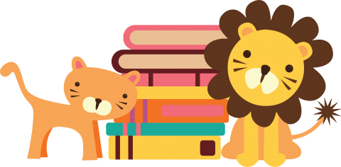 Toy tiger and lion next to stack of books