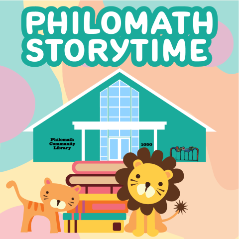 Philomath Storytime with building, tiger, stack of books, and lion