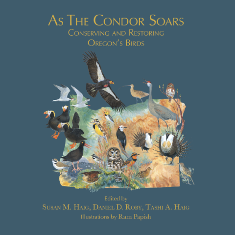 Book Cover for As the Condor Soars: illustrations of birds overlaid on a map of Oregon