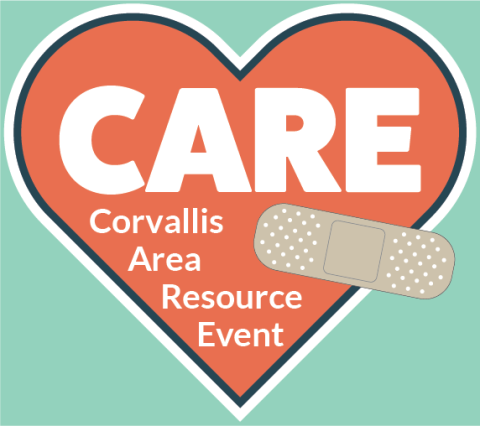 Heart logo with a bandaid and words that say: CARE - Corvallis Area Resource Event