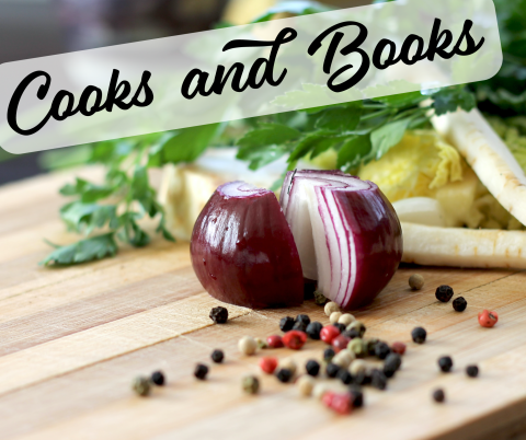 Cooks and Books with photo of onion and peppercorns