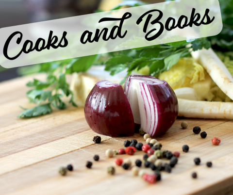 Cooks and Books, with photo of onion and peppercorns