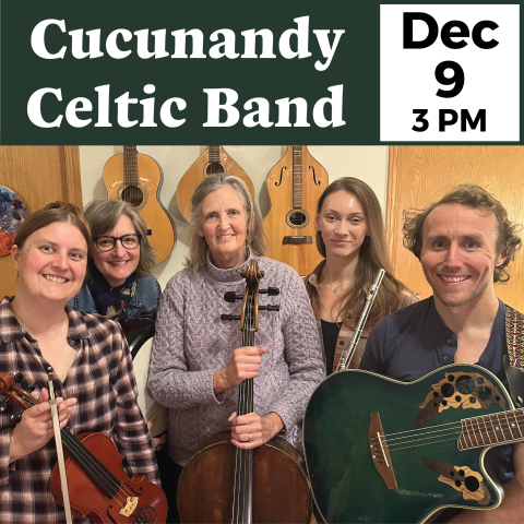 Cucunandy Celtic Band, a group of five musicians standing together with their instruments.