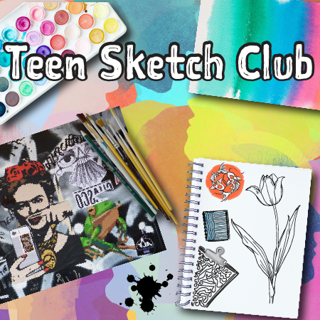 Teen Sketch Club with collage, drawings, paints