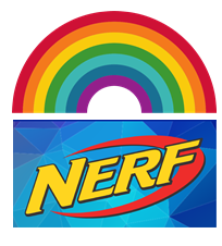 Nerf logo with an image of a rainbow above it.