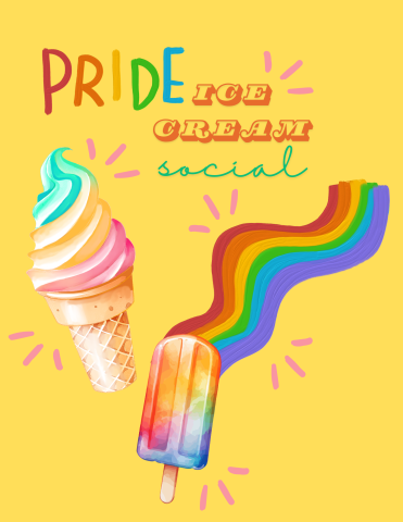 Ice cream treats next to a wavy rainbow on a yellow background.