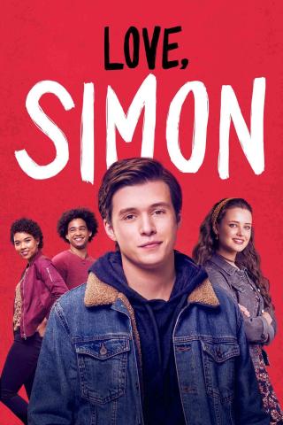 Image of teenage boy in forefront, with several other teenagers behind him set on a red background. The words "love, Simon" are printed above their heads.