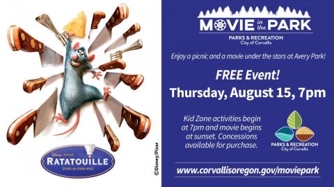 Movie in the Park, Parks & Recreation, City of Corvallis, Enjoy a picnic and a movie under the stars at Avery Park!, Free Event! Thursday, August 15th, 7pm, Kids Zone activities begin at 7pm and movie begins at sunset. Concessions available for purchase.