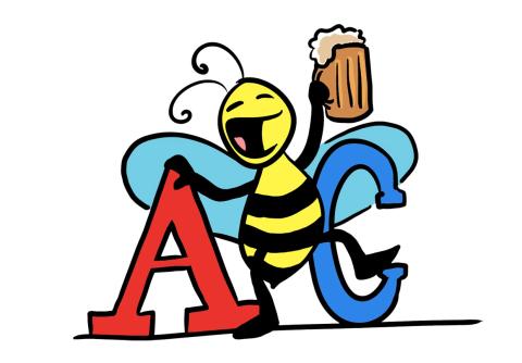 Sip & Spell event logo featuring a honeybee raising a glass of beer with his arms around the letters A and C