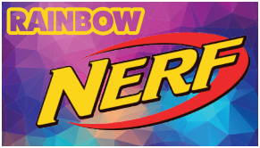 Nerf logo on a rainbow colored background with rainbow in text above.
