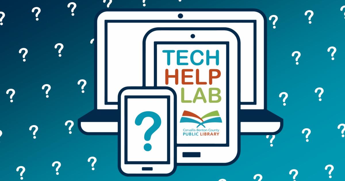 Illustration of laptop, tablet, and phone, with text that says "Tech Help Lab"